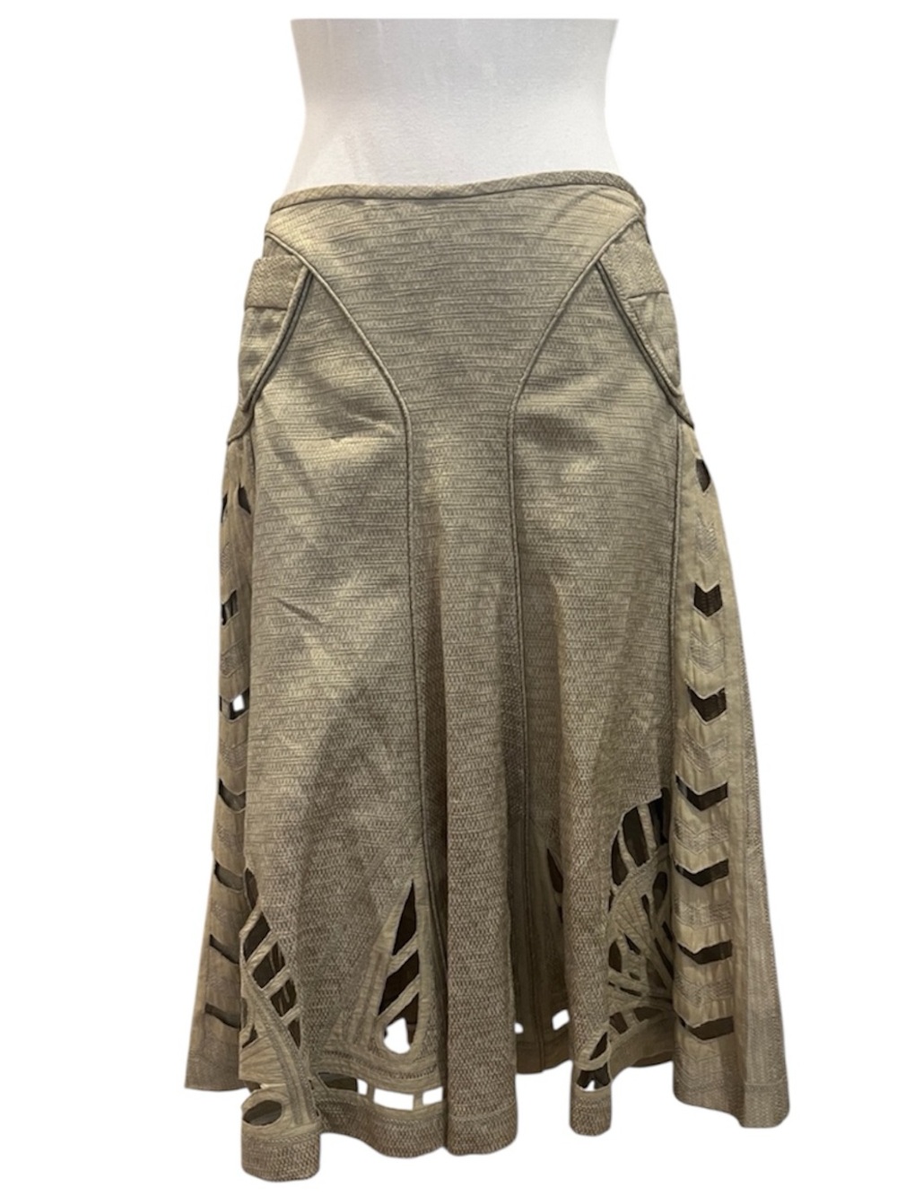 Zac Posen Khaki Linen Cotton Aline Full Skirt Silk Lining Unique! Vintage Size 8
